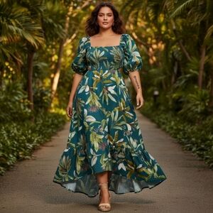 O.P.T Floral Puff Sleeve Linen-Blend Maxi Dress – Open-Back Tropical Resort - XL